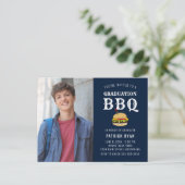 Afstuderen BBQ Blue White Stripe Invitation Briefkaart (Staand voorkant)