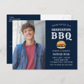 Afstuderen BBQ Blue White Stripe Invitation Briefkaart (Voorkant / Achterkant)