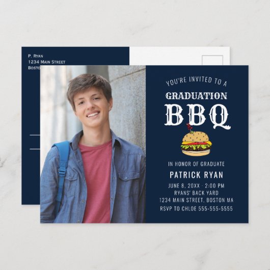 Afstuderen BBQ Blue White Stripe Invitation Briefkaart (Voorkant / Achterkant)
