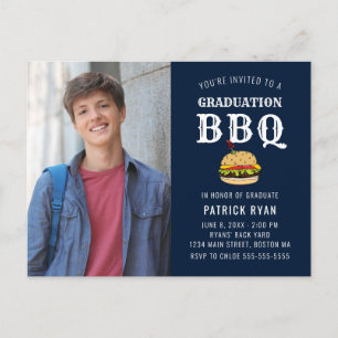 Afstuderen BBQ Blue White Stripe Invitation Briefkaart
