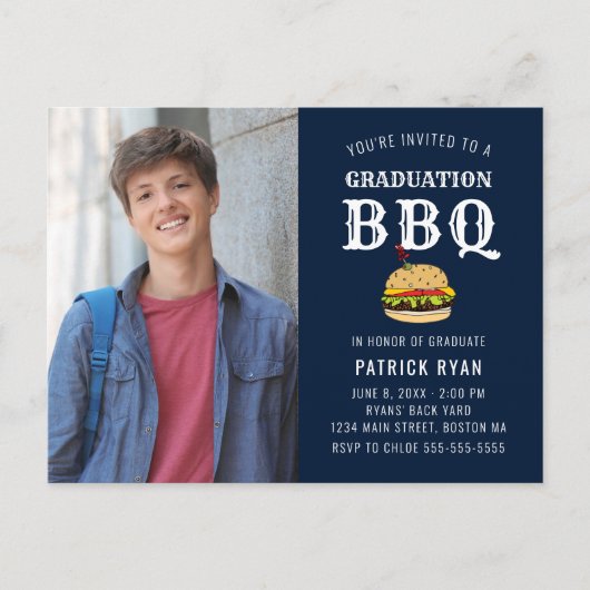 Afstuderen BBQ Blue White Stripe Invitation Briefkaart (Voorkant)