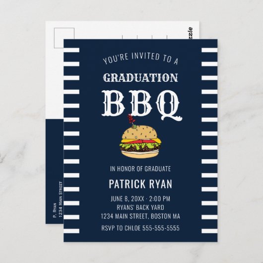 Afstuderen BBQ Blue White Stripe Invitation Briefkaart (Voorkant / Achterkant)