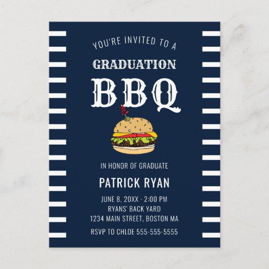 Afstuderen BBQ Blue White Stripe Invitation Briefkaart (Voorkant)