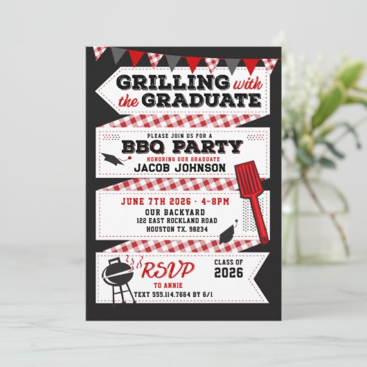 Afstuderen BBQ Feestuitnodiging, Afstudeerder fees Kaart (Staand voorkant)