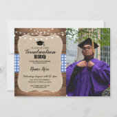 Afstuderen BBQ Foto Burlap Blue Rustic Wood Kaart (Voorkant)