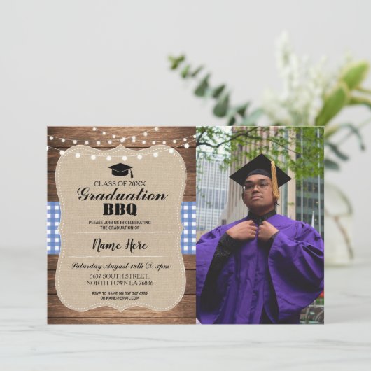 Afstuderen BBQ Foto Burlap Blue Rustic Wood Kaart (Staand voorkant)