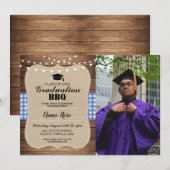 Afstuderen BBQ Foto Burlap Blue Rustic Wood Kaart (Voorkant / Achterkant)