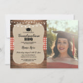 Afstuderen BBQ Foto Burlap Red Rustic Wood Kaart (Voorkant)