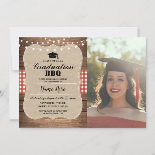 Afstuderen BBQ Foto Burlap Red Rustic Wood Kaart (Voorkant)