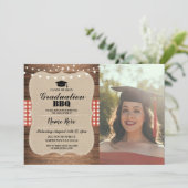 Afstuderen BBQ Foto Burlap Red Rustic Wood Kaart (Staand voorkant)