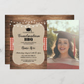 Afstuderen BBQ Foto Burlap Red Rustic Wood Kaart (Voorkant / Achterkant)