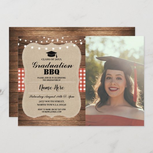 Afstuderen BBQ Foto Burlap Red Rustic Wood Kaart (Voorkant / Achterkant)