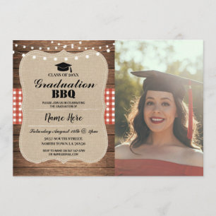 Afstuderen BBQ Foto Burlap Red Rustic Wood Kaart