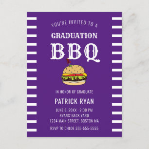 Afstuderen BBQ Partij Paarse Witte Stripe Uitnodig Briefkaart