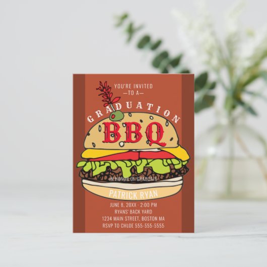 Afstuderen BBQ Party Burger Invitation Briefkaart (Staand voorkant)
