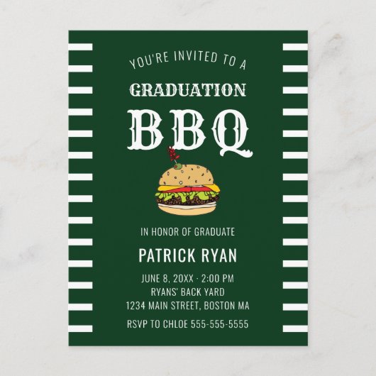 Afstuderen BBQ Party Green White Stripe Invitation Briefkaart (Voorkant)
