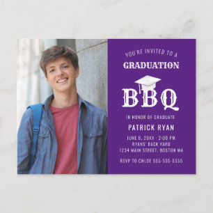 Afstuderen BBQ Party Paars White Photo Invitation Briefkaart