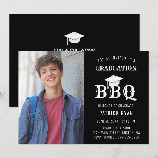 Afstuderen BBQ Party Photo Black White Afstudeerde Aankondiging (Voorkant / Achterkant)