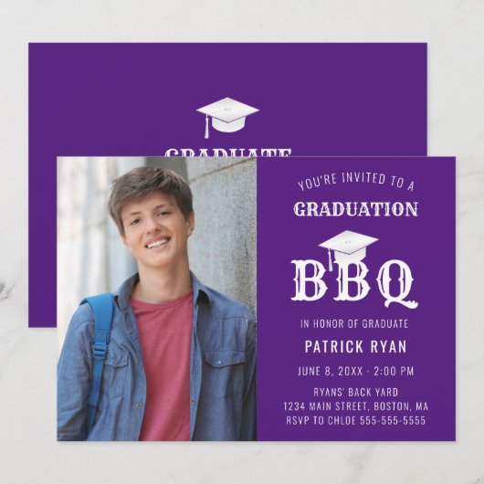 Afstuderen BBQ Party Photo Paars White Afstudeerde Aankondiging (Voorkant / Achterkant)