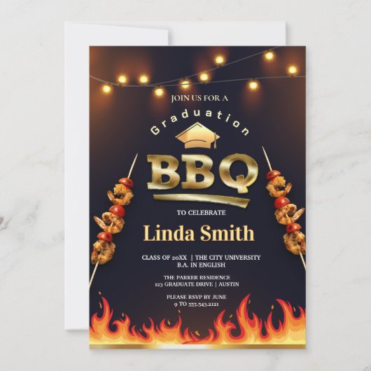 Afstuderen BBQ Party Uitnodiging | Vlammen en spie (Voorkant)