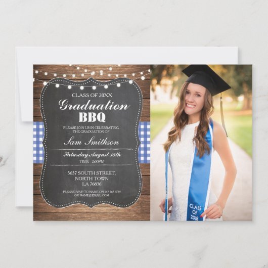 Afstuderen BBQ Photo Check Blue Rustic Wood Kaart (Voorkant)