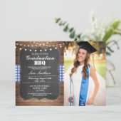 Afstuderen BBQ Photo Check Blue Rustic Wood Kaart (Staand voorkant)