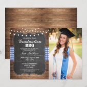 Afstuderen BBQ Photo Check Blue Rustic Wood Kaart (Voorkant / Achterkant)