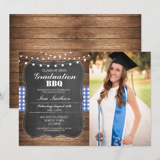 Afstuderen BBQ Photo Check Blue Rustic Wood Kaart (Voorkant / Achterkant)