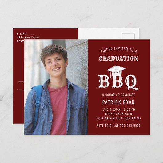 Afstuderen BBQ Red White Photo Invitation Briefkaart (Voorkant / Achterkant)