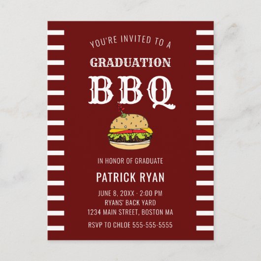 Afstuderen BBQ Red White Stripe Invitation Briefkaart (Voorkant)