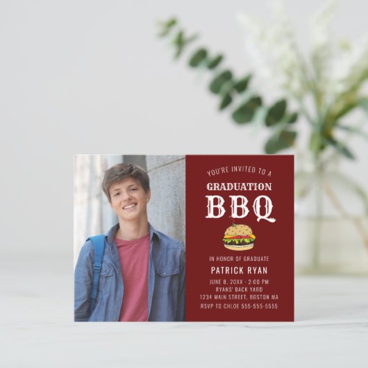 Afstuderen BBQ Red White Stripe Invitation Briefkaart (Staand voorkant)
