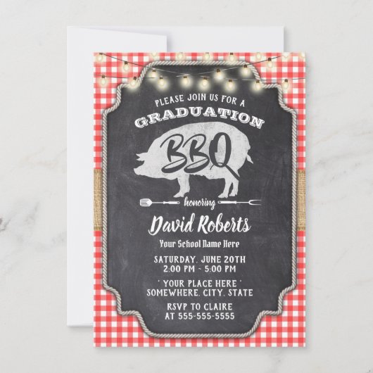 Afstuderen BBQ Rustic Chalkboard Red Gingham Kaart (Voorkant)