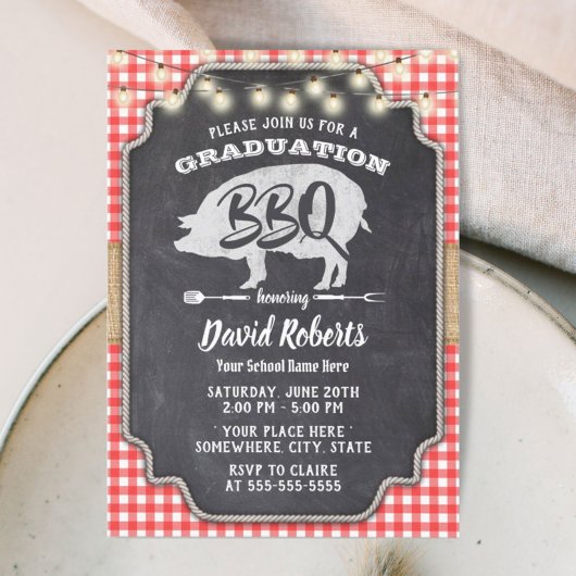 Afstuderen BBQ Rustic Chalkboard Red Gingham Kaart
