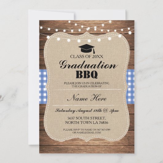 Afstuderen BBQ Uitnodiging Blauw Rustiek Hout (Voorkant)