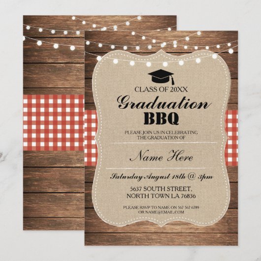 Afstuderen BBQ Uitnodiging Red Rustic Wood (Voorkant / Achterkant)