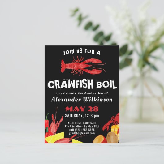 Afstuderen BBQ-uitnodiging voor Script Crawfish Bo Briefkaart (Staand voorkant)