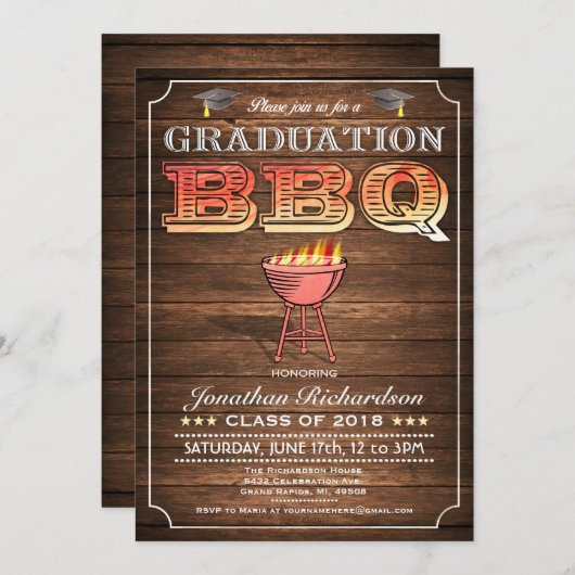 Afstuderen BBQ Uitnodigingen (Grill & Wood) (Voorkant / Achterkant)