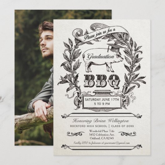Afstuderen BBQ Uitnodigingen - Hoge Vintage (Voorkant / Achterkant)