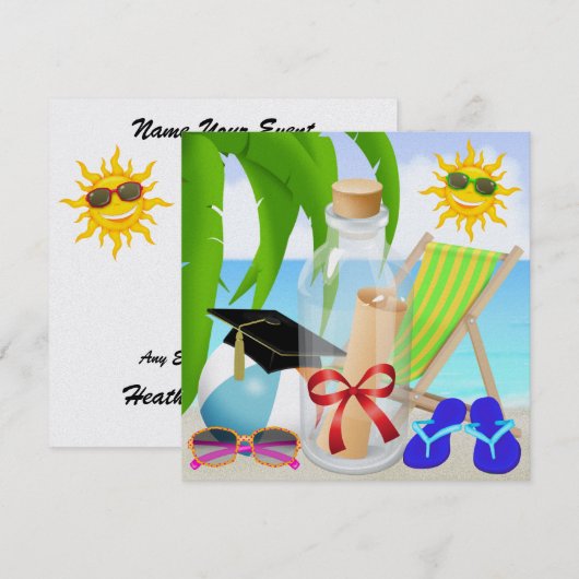 Afstuderen Beach Party - Uitnodiging in een flesje (Voorkant / Achterkant)