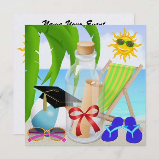 Afstuderen Beach Party - Uitnodiging in een flesje (Voorkant / Achterkant)