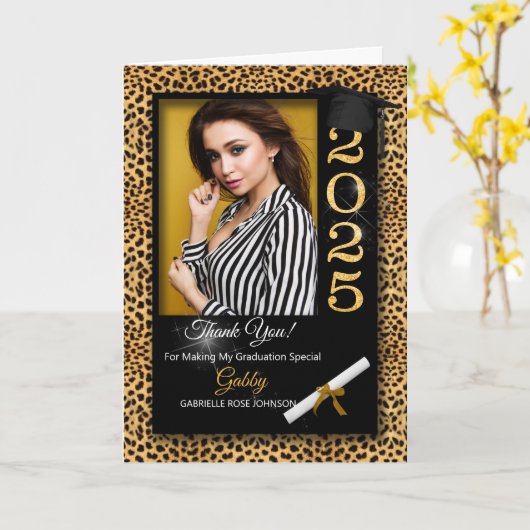Afstuderen Bedankt Cheetah Print 2025 Foto Kaart (Gele Bloem)
