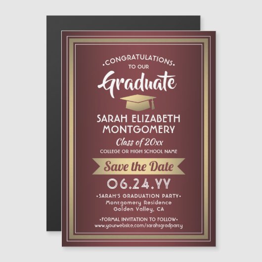 Afstuderen Bespaar de datum Burgundy Red Gold Whit Magnetische Uitnodiging (Voorkant / Achterkant)