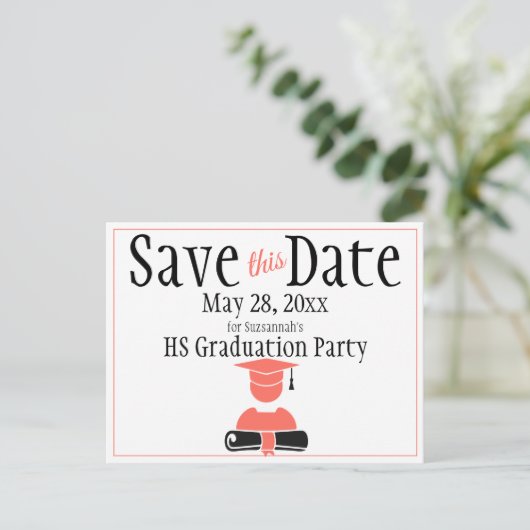 Afstuderen bespaart datum minimalistisch koraal zw briefkaart (Staand voorkant)