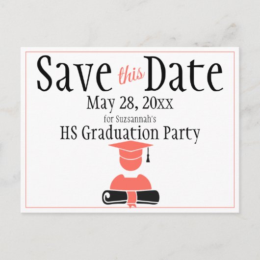 Afstuderen bespaart datum minimalistisch koraal zw briefkaart (Voorkant)