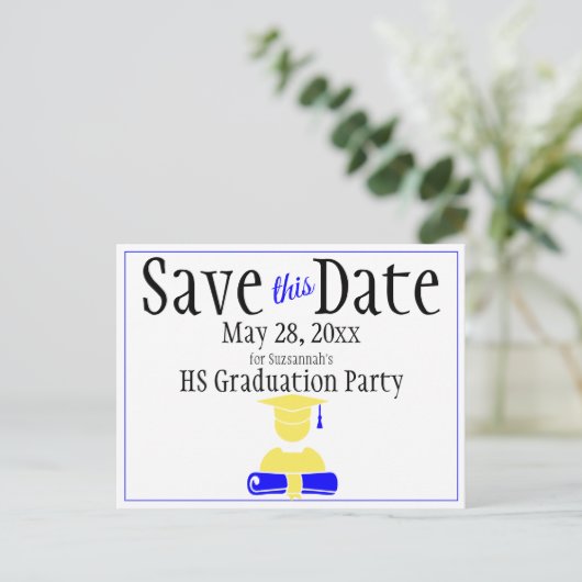 Afstuderen bespaart de datum minimalistisch blauw briefkaart (Staand voorkant)