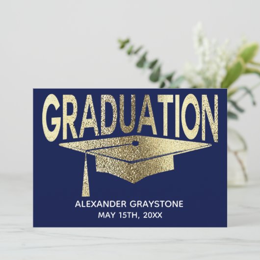 Afstuderen Bewaar de datum Modern Faux Gold Blue Kaart (Staand voorkant)