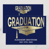 Afstuderen Bewaar de datum Modern Faux Gold Blue Kaart (Voorkant / Achterkant)