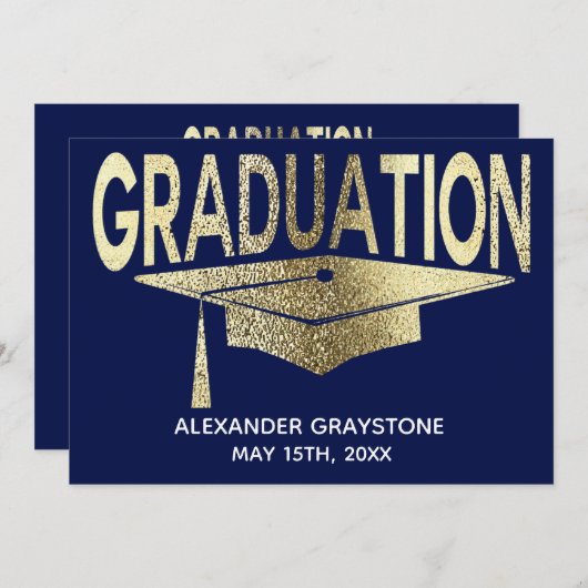 Afstuderen Bewaar de datum Modern Faux Gold Blue Kaart (Voorkant / Achterkant)