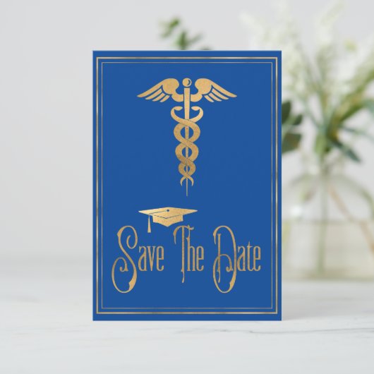 Afstuderen Bewaar de datum waarop het blauwe goudg Save The Date (Staand voorkant)