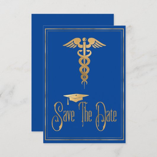 Afstuderen Bewaar de datum waarop het blauwe goudg Save The Date (Voorkant / Achterkant)